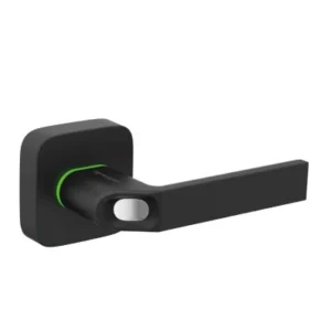 Matte black biometric lever handle lock with fingerprint recognition, providing quick and secure access for interior or exterior doors.