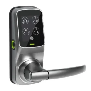 Black Bluetooth-enabled smart lock with integrated keypad and lever handle, ideal for modern office or home office security.