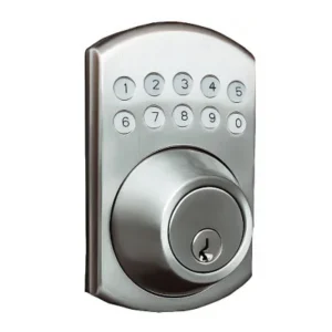 Silver electronic keypad deadbolt with physical buttons, a reliable residential security solution for keyless home access.
