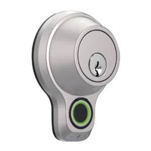 Satin chrome biometric deadbolt featuring a fingerprint scanner for high-security keyless entry, installed by expert locksmiths.
