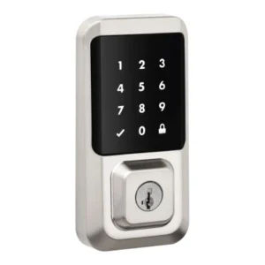 Wi-Fi-enabled touchscreen smart lock in satin nickel, allowing for remote access control and real-time security monitoring.