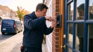Locksmith installing a biometric access panel on a business door in Maryland