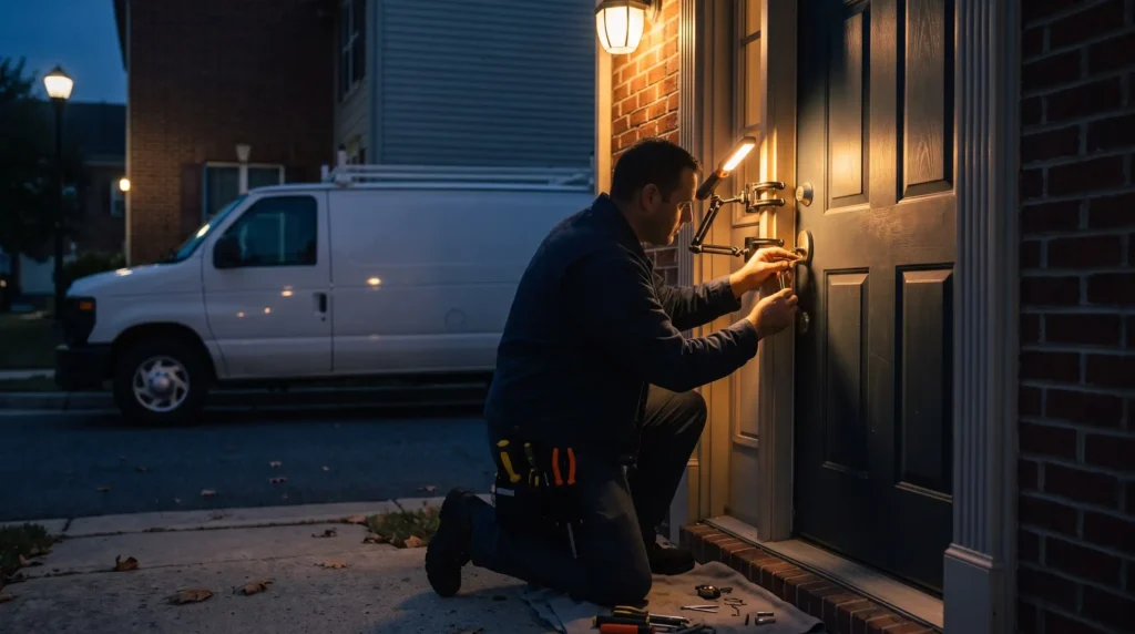 Locksmith rekeying a front door lock at night in Bethesda, Maryland