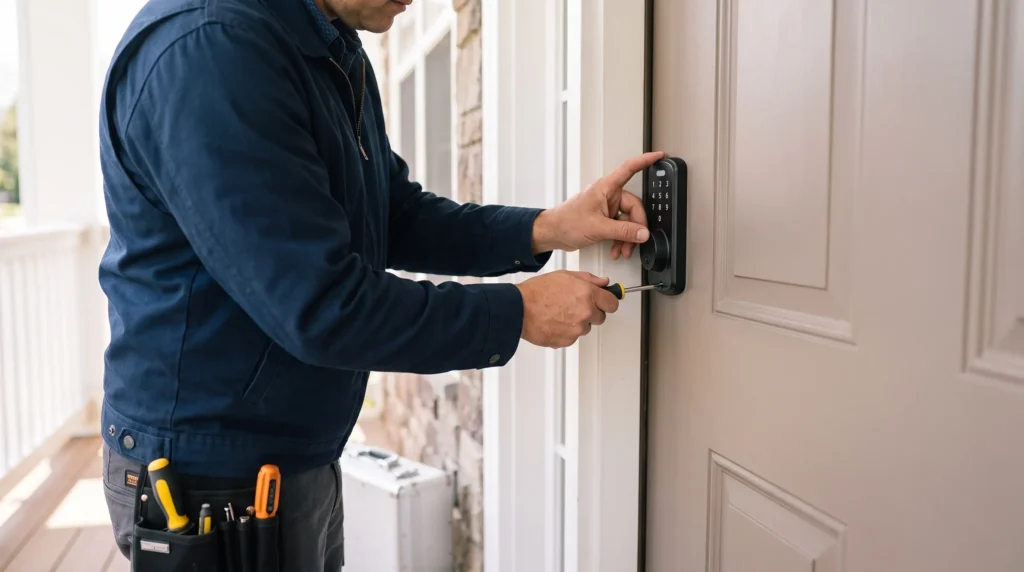 Locksmith installing a keypad smart lock on a Maryland front door