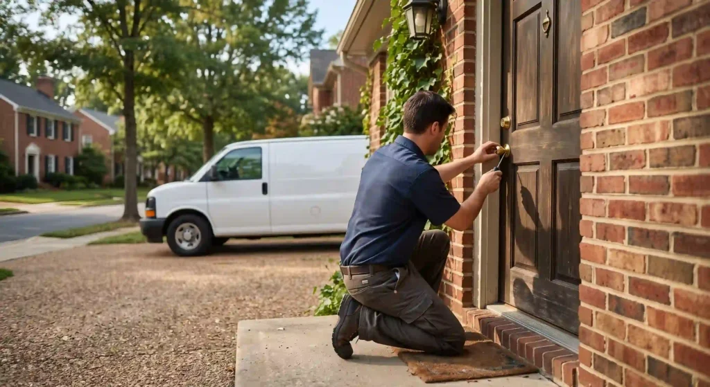 Locksmith installing a residential deadbolt on a suburban Maryland home's front door
