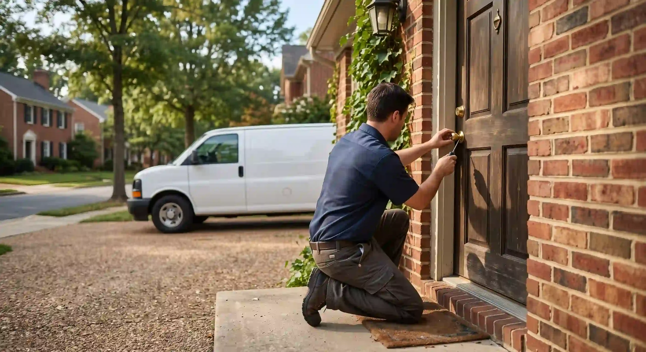 Locksmith installing a residential deadbolt on a suburban Maryland home's front door