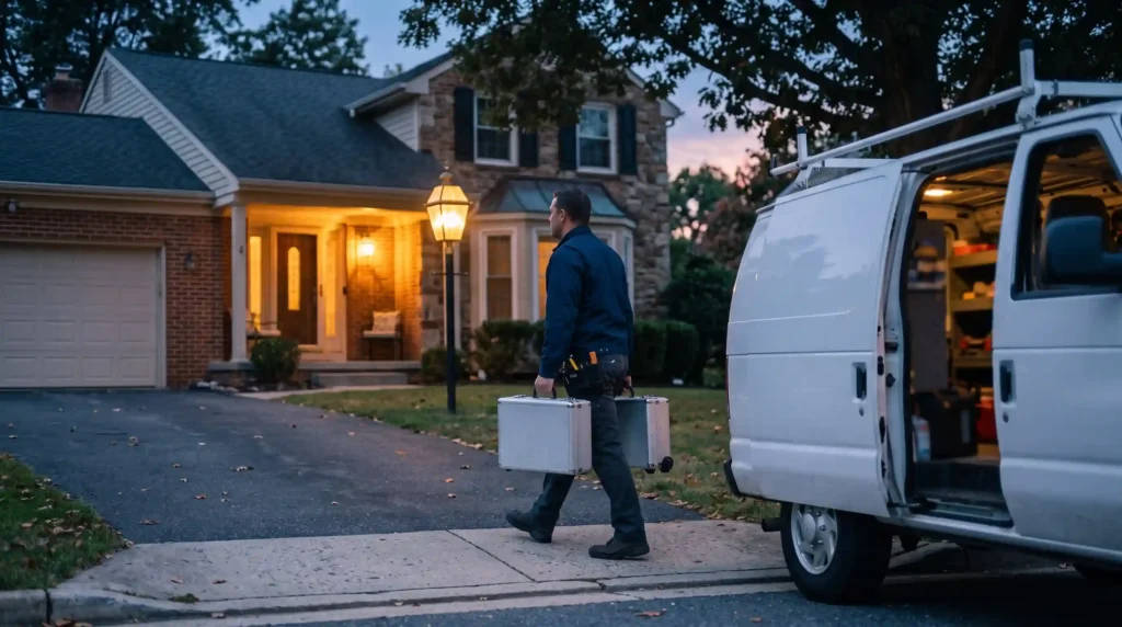 Mobile locksmith arriving at a Maryland home with a tool case at dusk