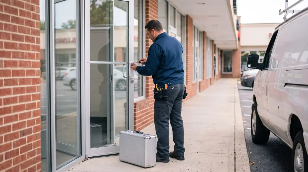 Locksmith installing a commercial lock at a Maryland storefront entrance