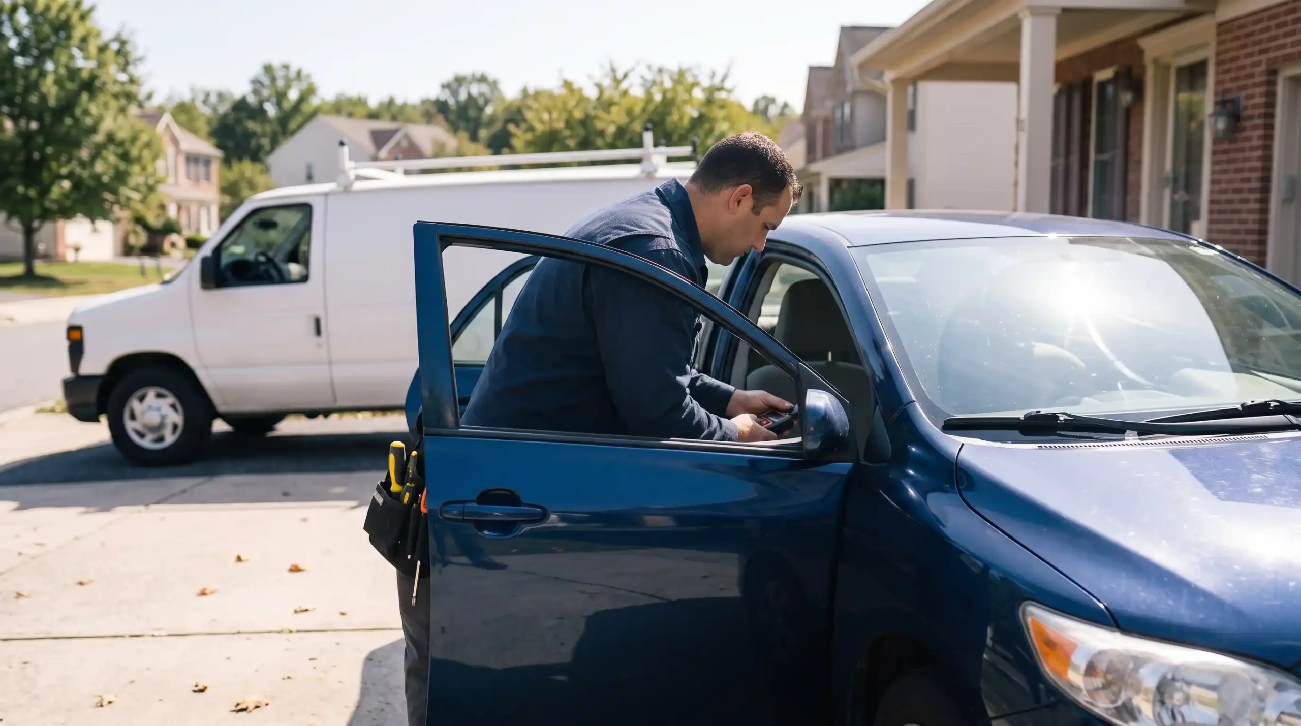 Locksmith programming a car key fob at a Maryland driveway