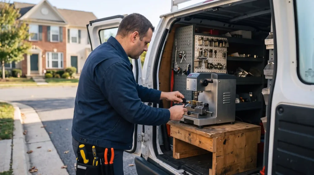 Locksmith cutting a transponder key beside a Maryland service van