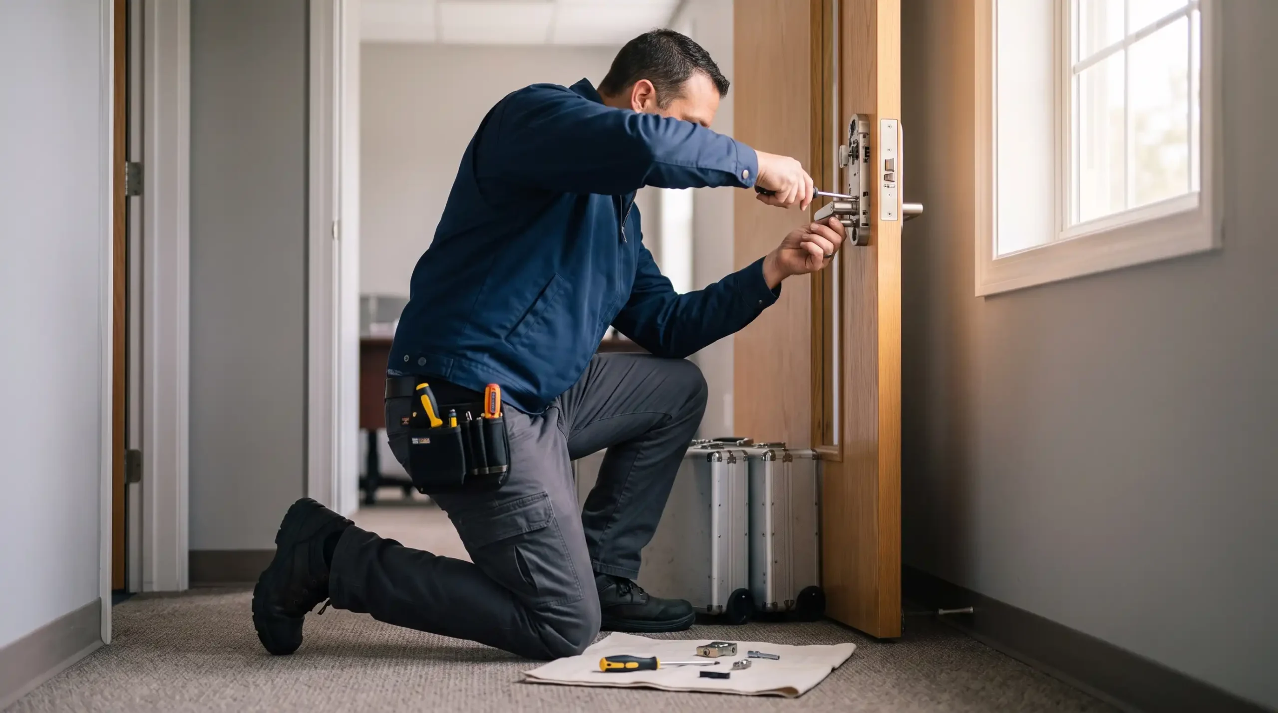 Locksmith installing a high-security lock on an office door in Maryland