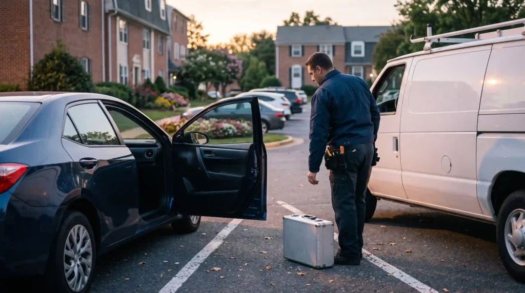 Locksmith beside an unlocked car after a lockout call in a Maryland parking lot