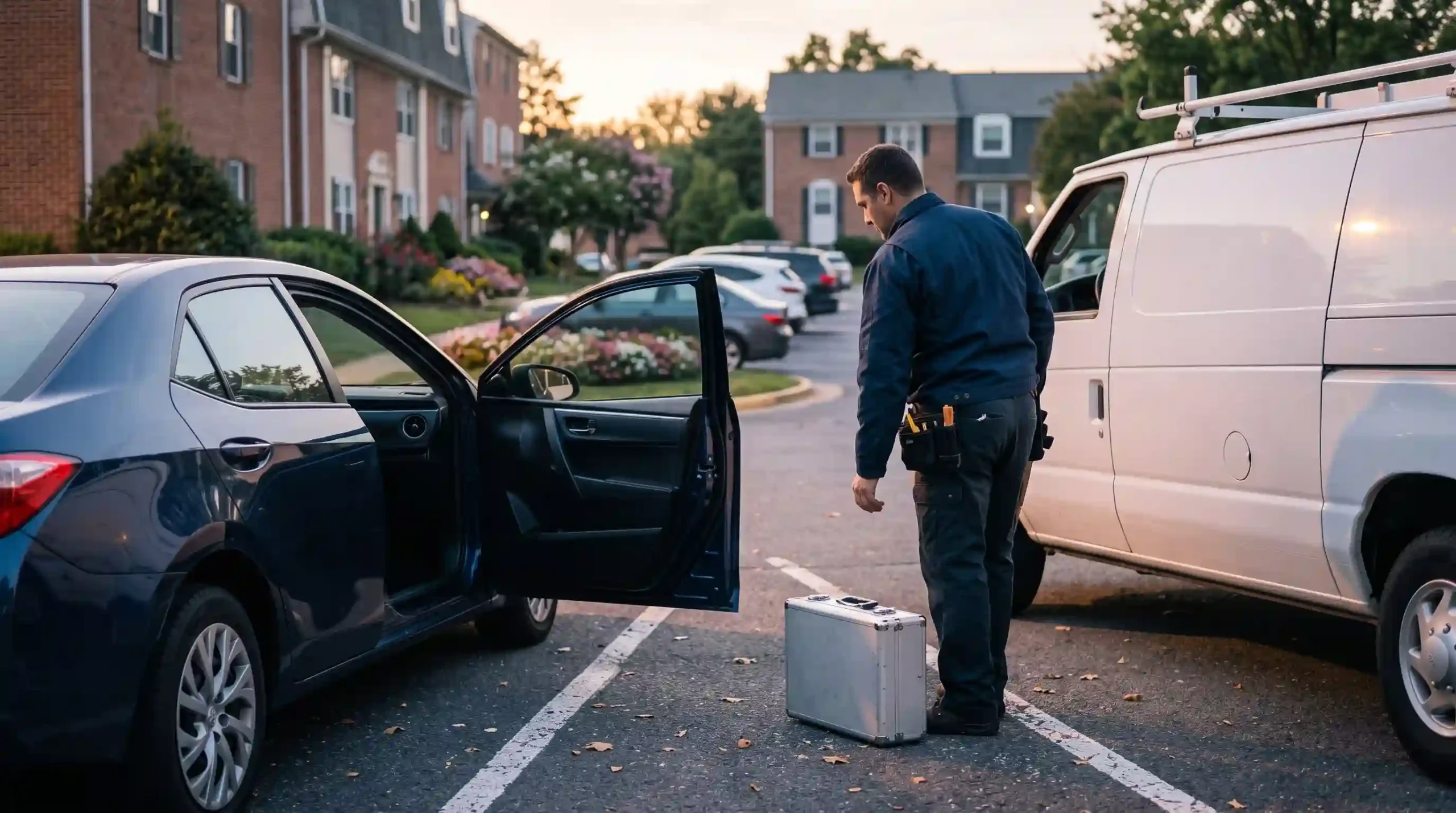 Locksmith beside an unlocked car after a lockout call in a Maryland parking lot