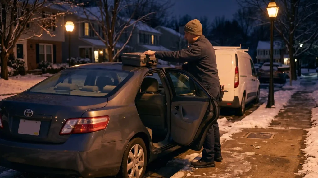 Locksmith closing a tool case beside a car on a snowy Olney street