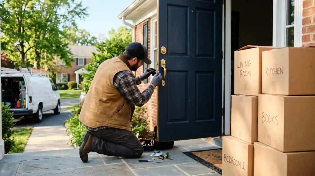 Locksmith rekeying a front door lock beside moving boxes in Potomac