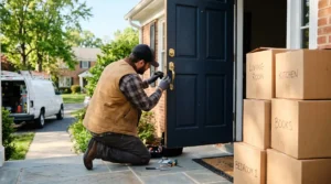 Locksmith rekeying a front door lock beside moving boxes in Potomac