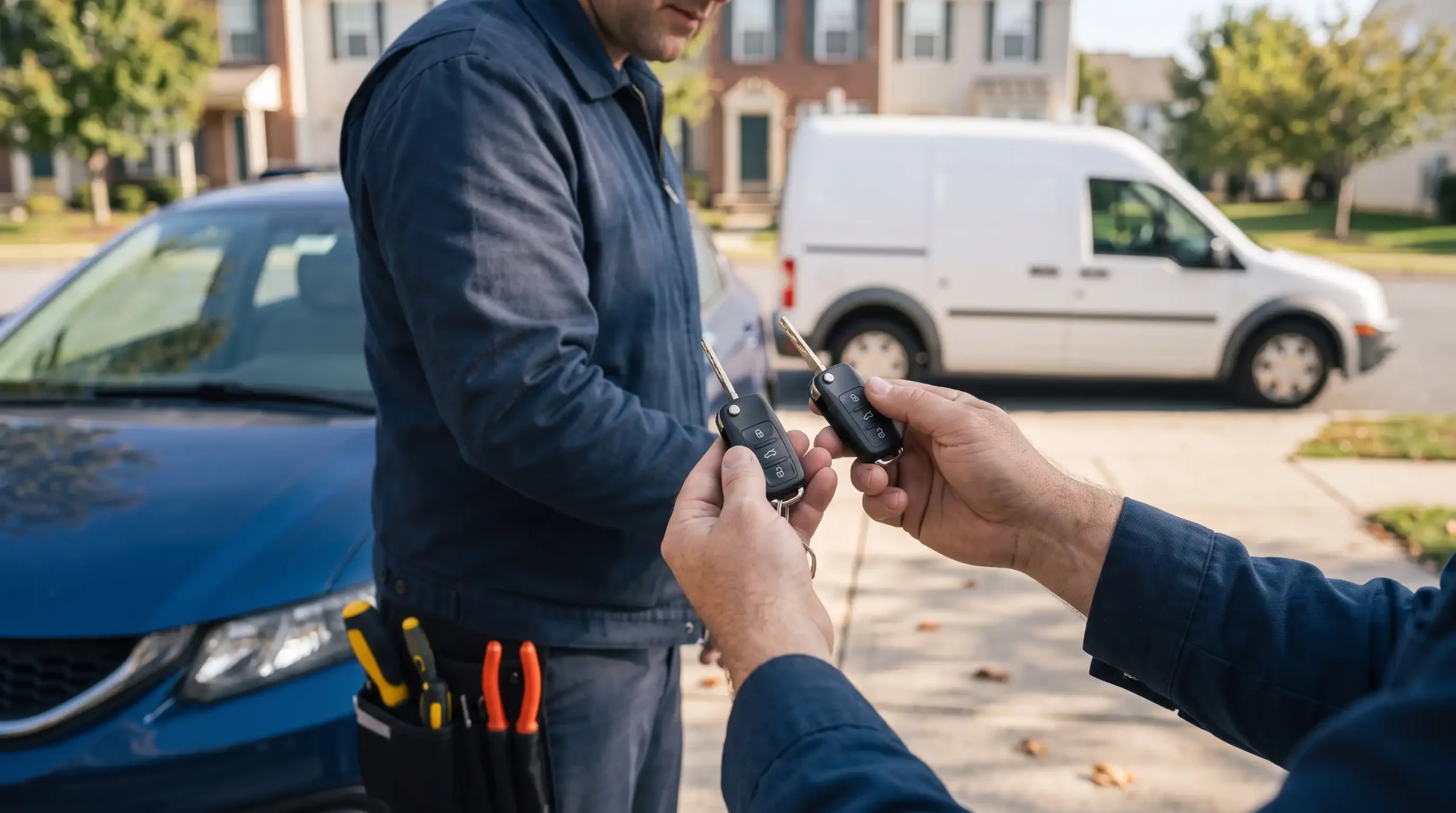 Locksmith comparing a freshly cut car key to the original in Rockville