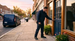 Locksmith turning a key in a shop's front door at sunrise in Silver Spring