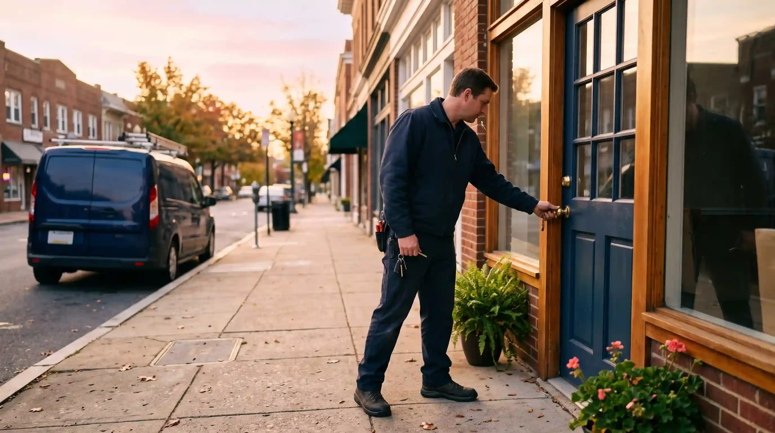 Locksmith turning a key in a shop's front door at sunrise in Silver Spring