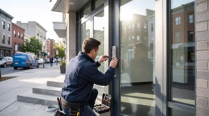 Locksmith installing an electronic keypad lock at a DC office entrance