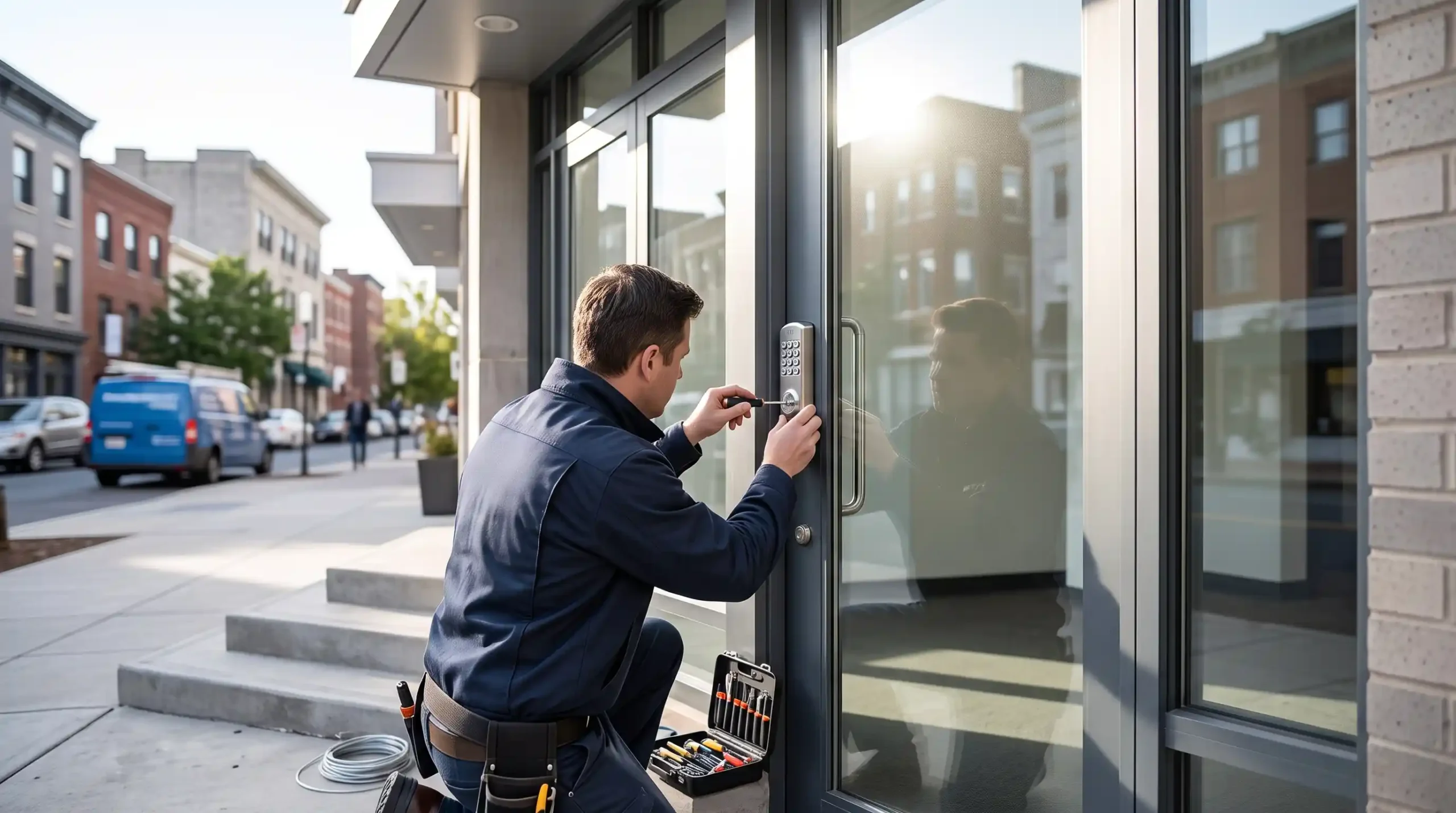 Locksmith installing an electronic keypad lock at a DC office entrance